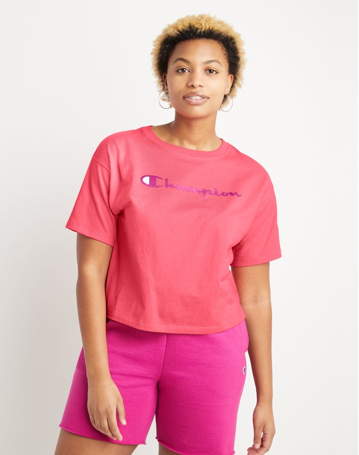 Champion T-Shirt Dames - Koraal - Cropped Script Logo ( 157432-DMQ )